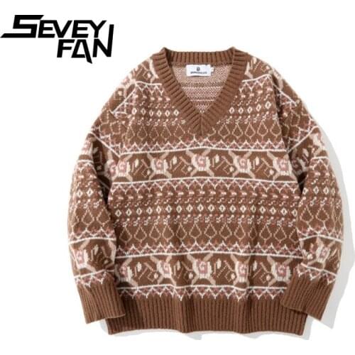 SEVEYFAN Mens Retro Diamond Jacquard V Neck Sweaters Loose Cotton Kintwear Hip Hop Pullover Sweater for Couples
