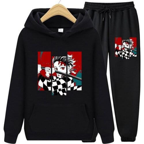 Demon Slayer Anime Print Hoodie Sweatshirt Pullover Korean Style And Harajuku Long Pants Autumn Women Two Piece Set Streetwear