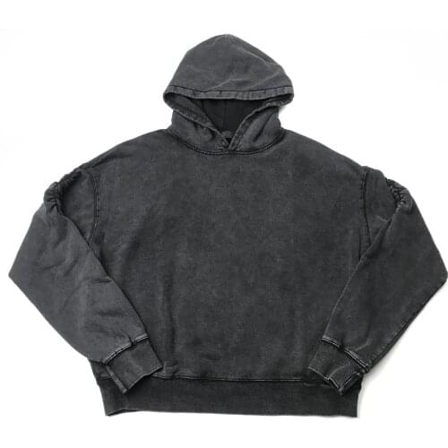 Vintage Black Ruched Sleeve Hoodie Oversize Heavy Cotton Raglan Pullover Kanye West Streetwear