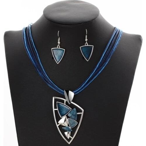 Vintage Enamel Geometric Shaped Multi-layer Chain Leather Necklace Drop Earrings Fashion Women Crystal Jewelry Sets for Bridal