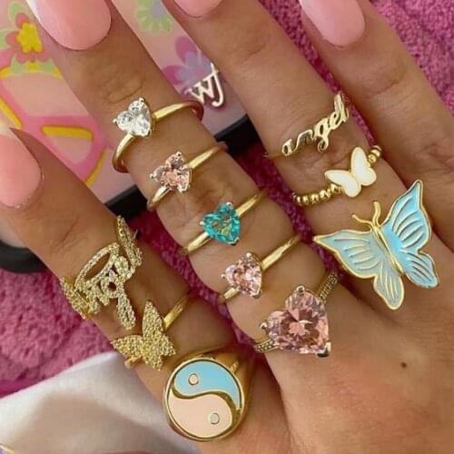 Y2K Jewelry Pink Blue Yin Yang Rings for Women Metal Punk Harajuku Heart Yin Yang Goth Rings Charms 90s Aesthetic New Gifts 2021