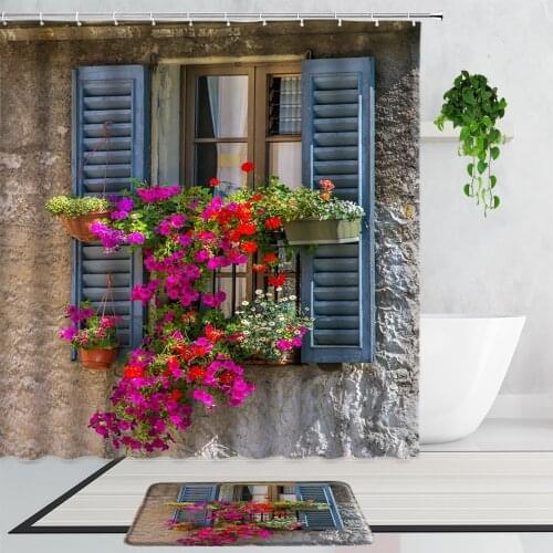 Retro Window Flowers Scenery Shower Curtains Stone Wall Rural Street View Garden Art Decor Curtain Bathroom Screen Bath Mats Rug