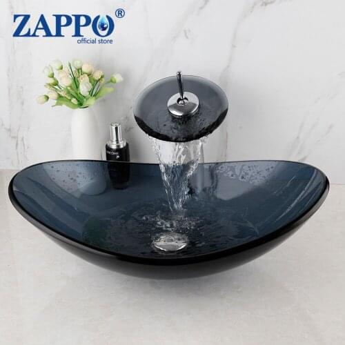ZAPPO Gray Tempered Glass Sink Bathroom Waterfall Glass Basin Faucet Combine Brass Faucet Mixer Tap Round Washbasin Lavatory