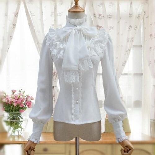 Women blouse long lantern sleeve collared bow front layered ruffles lolita blouse