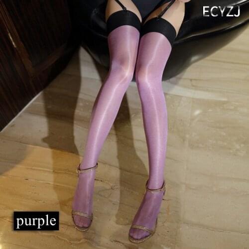 Womens Multi-color Oil Shine thigh high stockings Sexy ladies collant lolita Glitter Lustre legs Rib Top Opaque