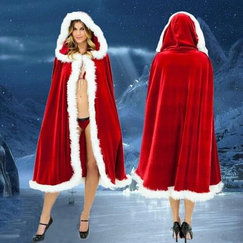 Women Russia Christmas Robe with Hat Long Velvet Cape Dress Up Santa Claus Cosplay Lady Cloak Christmas Outfit C37733AD