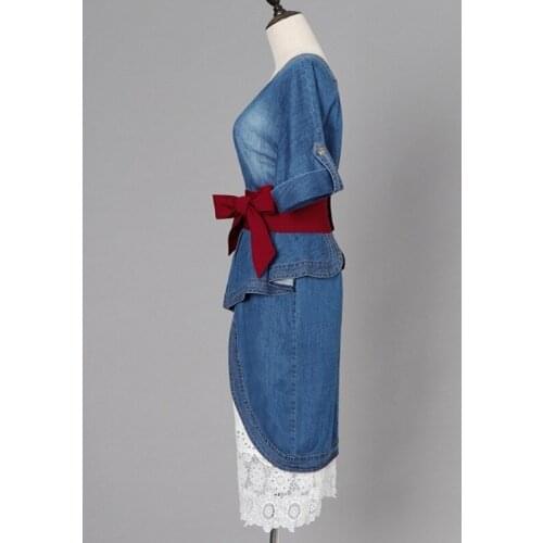 Blue Sexy Elegant Women Denim Dress Runway V-Neck Backless Ruffle Sash Midi Dress Ladies Half Sleeve Jeans Dresses Vestidos