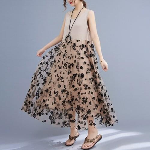 Patchwork Double layer Lace Floral Fashion Women Dress 2021 New Sleeveless Loose Summer Dress Cotton Beach Style Casual Dress