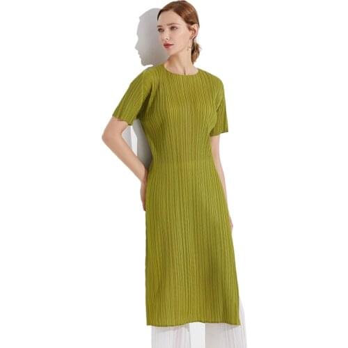Midi Dress Plus size 2020 summer women watermelon red round neck bodycon Miyake pleated casual A line dress elegant