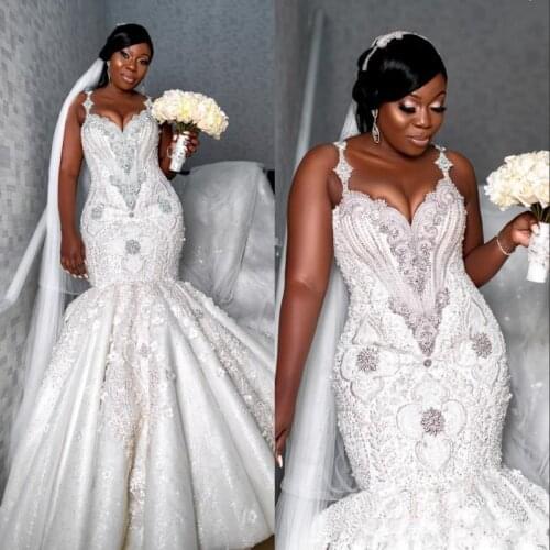 Plus Size Mermaid Wedding Dresses Luxury Sparkly Lace Beaded Crystal Arabic Sweetheart African Bride Wedding Bride Gown