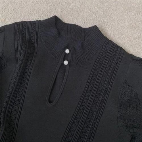 Women Black Knit Long Sleeve Dress Hollow out Lantern Sleeve High Waist Pearl Buttons 2021 New Early Autumn Ladies Slim Robes