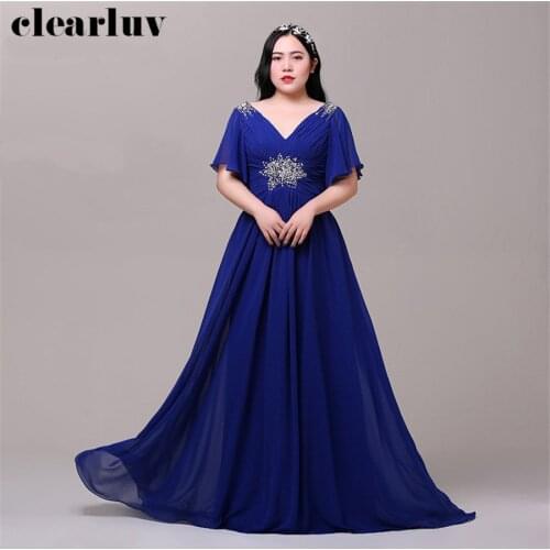 Elegant Evening Dress Floor Length Robe De Soiree T461 V-neck Sequined Women Party Dresses 2019 Plus Size Royal Blue Formal Gown