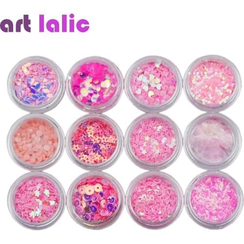 12pcs Nail Art Pink Holographic Flake Nail Glitter Dust Paillette Nail Sequins Star Heart Design Nails Decoration New Arrival