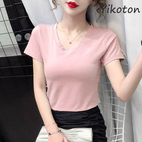 2021 New Summer Clothes for Women Plus Size Short Sleeve T-shirts for Girls Basic Cotton Shirt V-Neck Fashion Solid Tee Tops