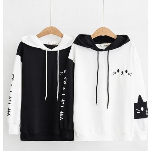 40# Black White Stitching Pullover Hoodies Women Hooded Cat Cute Cotton Sweatshirt Tops Letter Kawaii Anime Oversized Hoodie