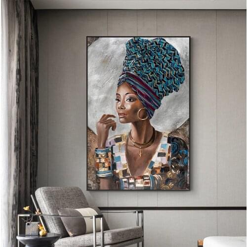 Black Gold Nude African Woman with Exquisite headdress Oil Painting on Canvas Posters and Prints Scandinavian Wall Art Picture