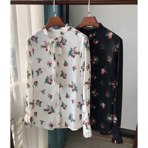 Elfstyle Long Sleeve Floral Printed Blouse Shirt Top Features Neck With Bow Ties