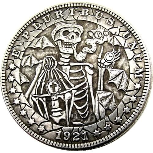 HB(27)US 1921 Morgan Dollar skull zombie skeleton hand carved Silver Plated Copy Coins