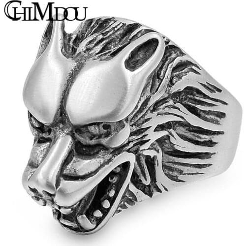 CHIMDOU punk mans stainless steel king of wolf rings silver color animal jewelry for Dad gift,Best friend men ring R784S7