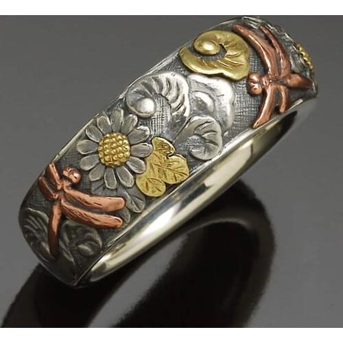 For Womens Mens Retro Carved Flower Dragonfly Ring Multi Size Punk Hip Hop Ring Jewelry Biker Finger Accessories