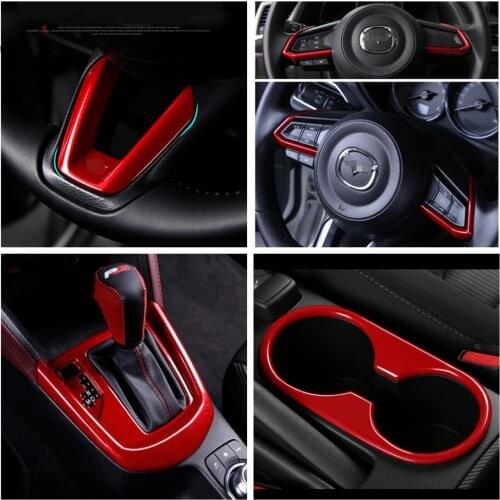 Yimaautotrims Red Interior Refit Kit Gear Box / Steering Wheel / Front Water Cup Holder Cover Trim For Mazda 2 Demio 2015 - 2019