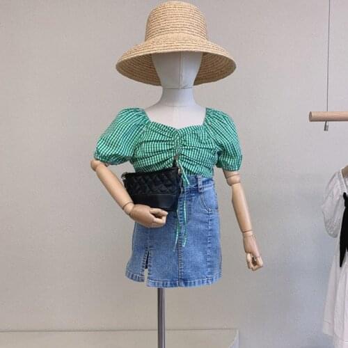 Girls' Clothes Suit 2021 Summer New European American Fashion Plaid Shirt + Denim Skirt Suit Baby Kids ChildrenS Clothing Sets