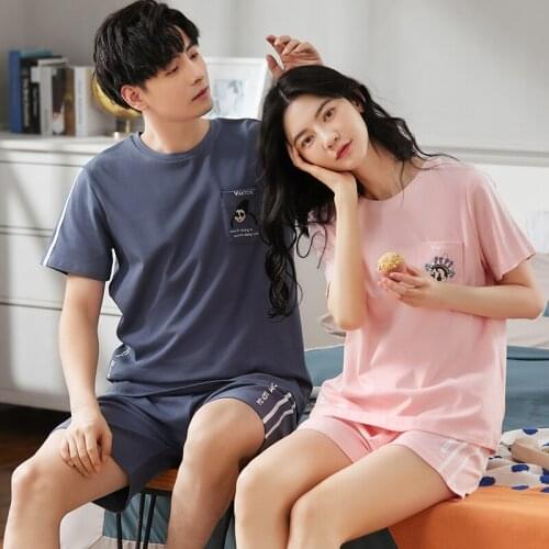 Summer Full Knitted Cotton Couple Pajamas Set Kawaii Pink Short Sleeve Women Sleepwear Leisure O-Neck Plus Size Homewear Male