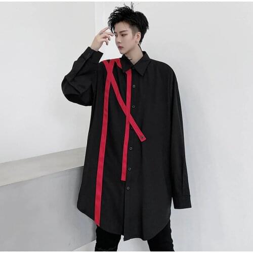 Extra long Punk rock mens shirt Long sleeve Black color Loose Harajuku style Autumn Spring Summer