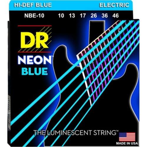 DR K3 Hi-def Neon Blue Luminescent Electric Guitar Strings, Light 09-42 or Medium 10-46