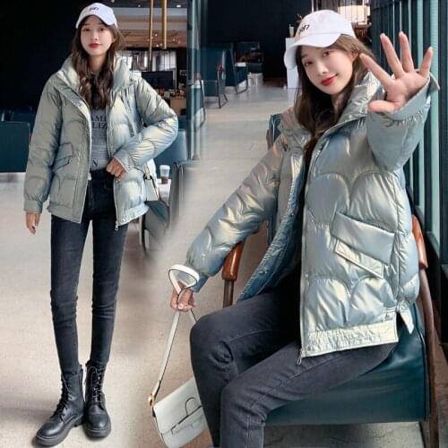 2021 new Womens Winter Down Jacket With Zipper Bread jacket Korean Style Loose Padded Shiny Glossy Thick Warm Cold Coat