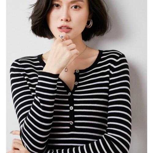 Spring and autumn new style striped 100% wool thin sweater women O-neck long-sleeved slim pullover knit all-match blouse