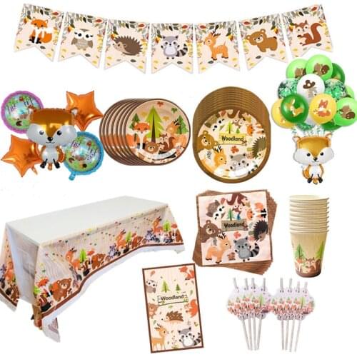 OEING Woodland Tableware Woodland Animal Party Safari Jungle Party Happy Birthday Party Decor Kids Birthday Party Supplies