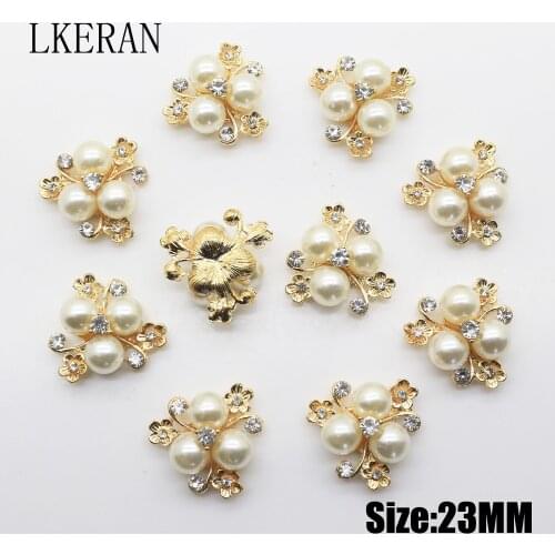 LKERAN 5 Piece 23mm Flower Alloy buttons Clear Rhinestone Pearl button Wedding Decorative Flat Back Embellishment Diamond Button