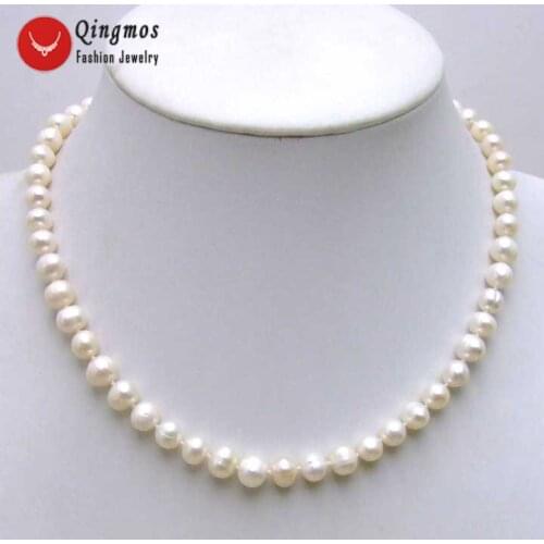 Qingmos Fashion Natural White Pearl Necklace for Women with 6-7mm Round Freshwater Pearl Chokers 17" Pearl Jewelry Colar n5613