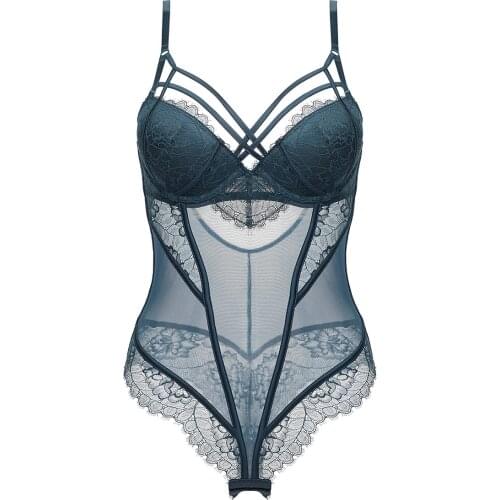 Sexy Deep V Water Soluble Lace Embroidery Bodysuit Backless Bandage Bustiers Corsets with Cup Underwear Women Lingerie