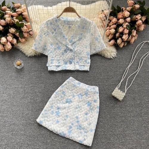 French Temperament Suit Womens Summer Heavy Industry Embroidery Suit Collar Short Top Versatile Skirt Elegant Two Piece Set