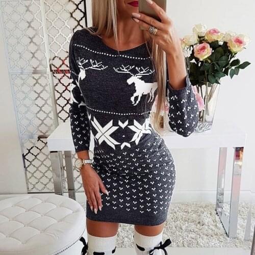 40#Womens Christmas Mini Dress Ladies Long Sleeve Xmas Jumper Dresses Autumn Winter Deer Print Long Sleeve Vestidos Robe