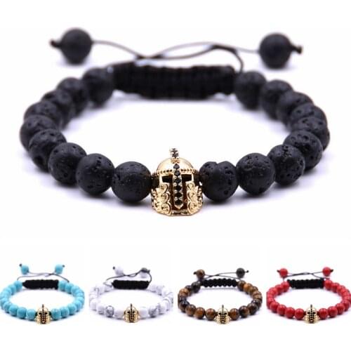 10PCS/LOT Gold Roman Knight Spartan Warrior Gladiator Helmet Bracelet Stone Bead Bracelets Bangle For Men Jewelry