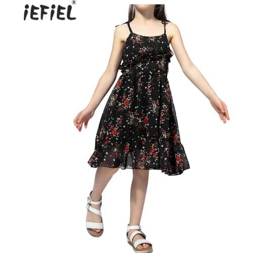 Kids Girls Summer Sleeveless Straps Floral Print Dresses Children Princess Dress Casual Party Beach Dress Girls Clothes 4-12Y