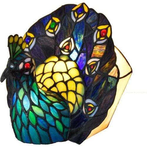 European-Style Tiffany Stained Glass Green Peacock Decoration Small Table Lamp Bar Club Living Room Bedroom Bedside Lamp E14