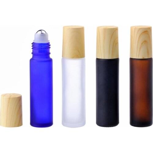 10ml Amber Blue Clear Frosted Glass Roll On Bottle Essential Oil Perfume Travel Bottle Steel Roller Ball Wood Grain Cap SN3205
