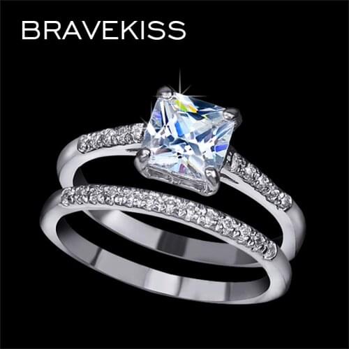 BRAVEKISS Engagement Ring Set Two Band 1.6 Carat Princess Cut Zirconia Crystal Wedding Rings for Women Hot Anillos Anel BUR0139