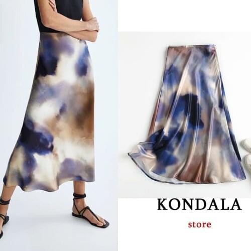 KONDALA Za 2021 Vintage Satin Tie Dye Print Midi Women Skirts High Waist Fashion Autumn Straight Elegant Skirts Casual Faldas