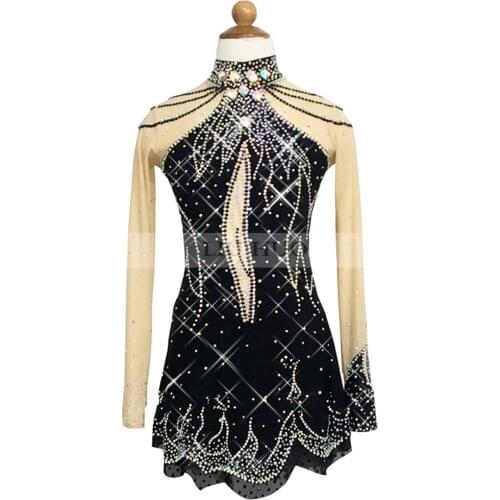 Figure Skating Dress Womens Girls' Ice Skating Dress Competitive performance clothing Black Stand collar Stretch fabrics