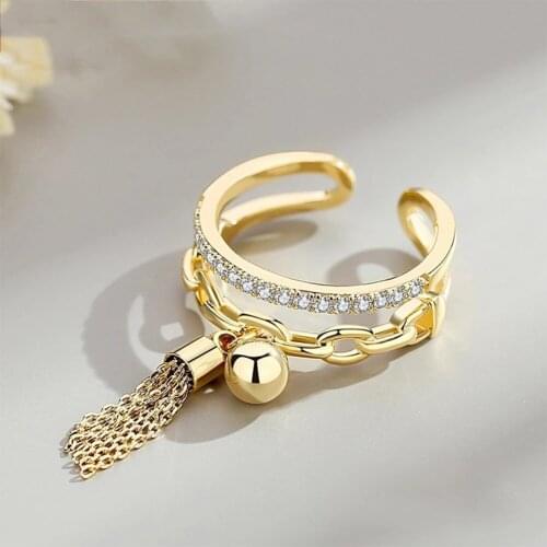 Trendy Ethnic Crystal Rings Link Chain Zirconia With Spike Pendant Golden/White Fingure Ring For Women Opening Ring Jewelry