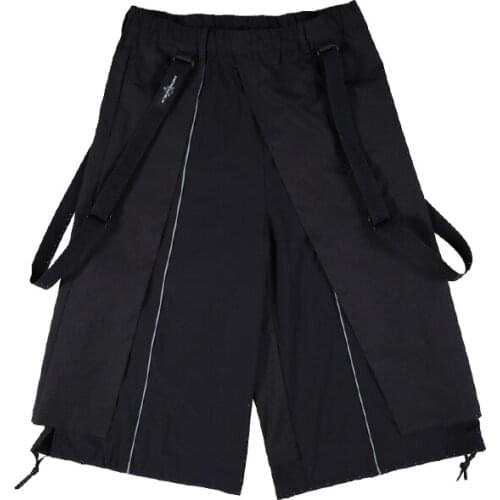 Men Pants Trousers Functional Samurai Pants Mens Black National Tide Culottes Ribbon Nine Pants Tide Brand Wide Leg Pants