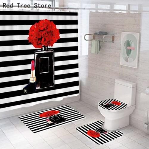 Cartoon Cosmetics and Flower 3d Shower Curtain 4pcs Set Custom Hooks Hanging Curtains Printed Bathroom Waterproof Cover Screen