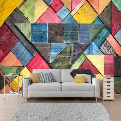Custom size retro color wood board geometric 3d wall paper home industrial decor mural KTV bar cafe self-adhesive wallpaper