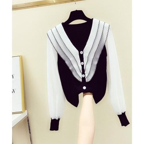 CHiffon Patchwork Knitted Women Sweater Cardigan V-Neck Ruffles Slim Office Lady Elegant Outwear Coats Tops