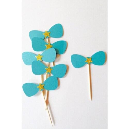 Blue & gold glitter bow tie cupcake toppers 1st boy birthday wedding Food Picks baby bridal shower Decor Decorations